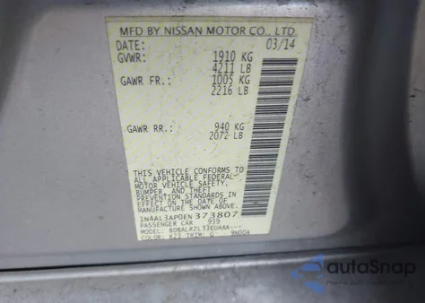 2014 Nissan Altima 2.5/2.5 S/2.5 Sl/2.5 Sv z USA, uszkodzony, nr VIN 1N4AL3AP0EN373807